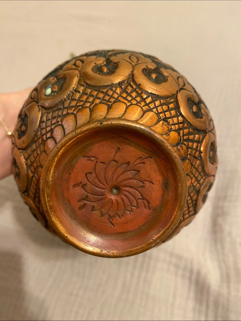 Ornate Bronze-Tone Floral Embossed Vase - Brown